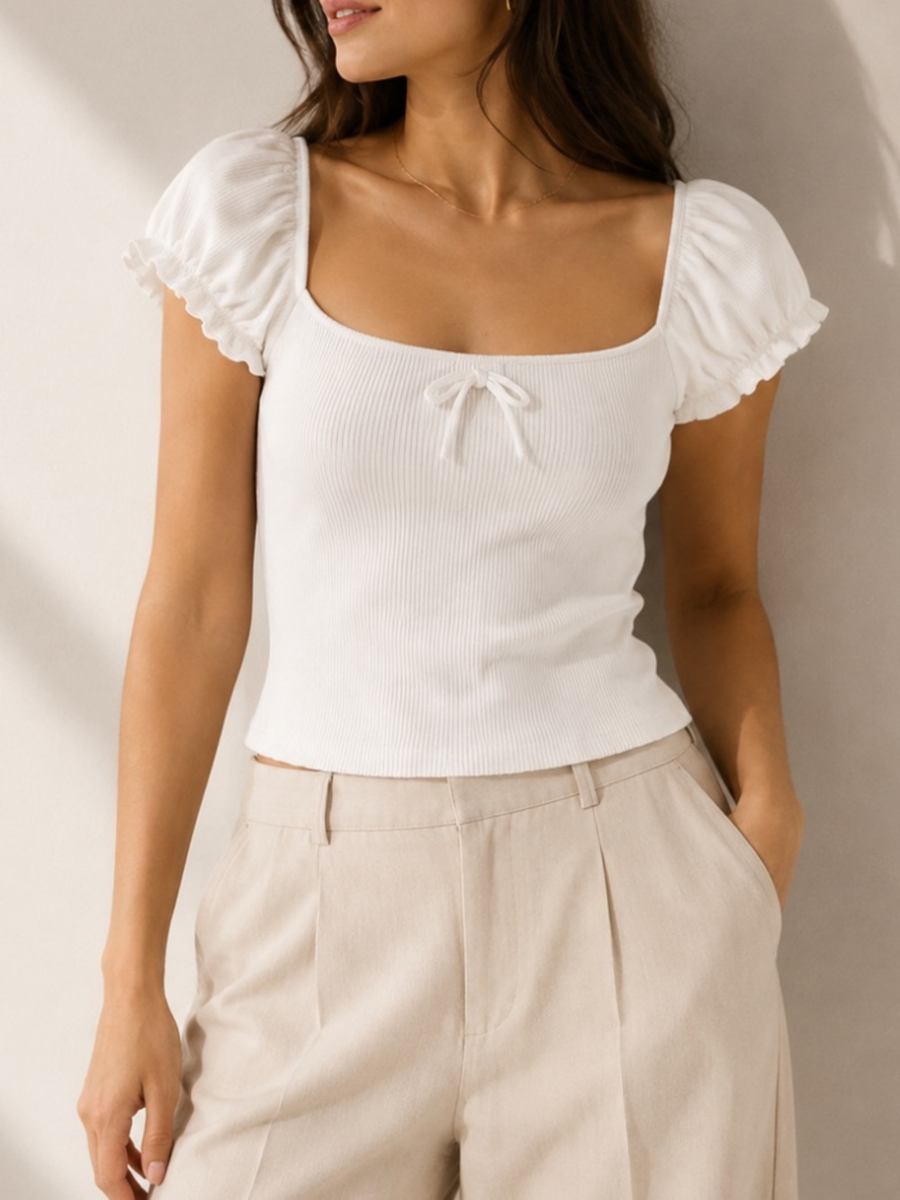 Aritzia Sunday Best White Ribbed Puff Sleeve Crop Top Bow Front Women's M